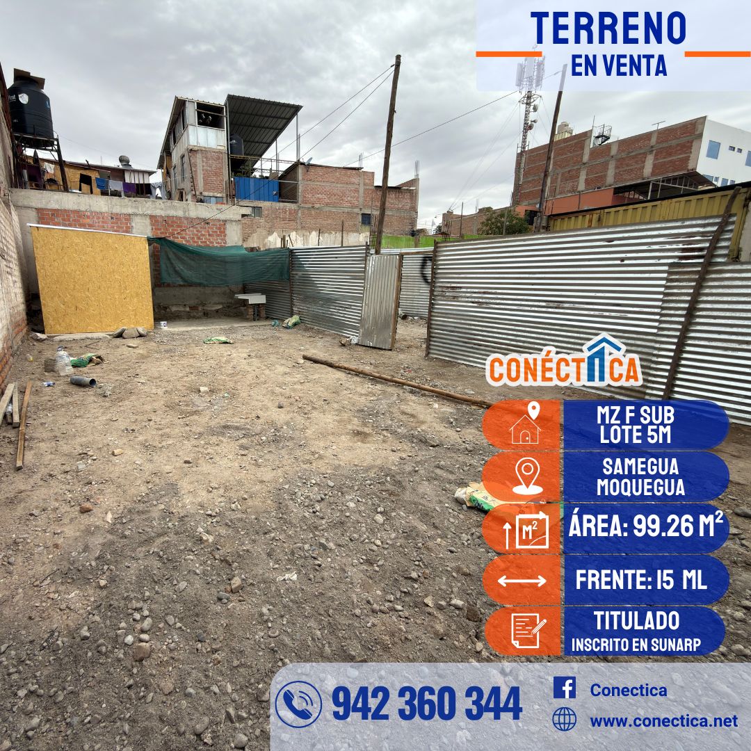 TERRENO EN VENTA DE 99 M2 EN SAMEGUA, MOQUEGUA.